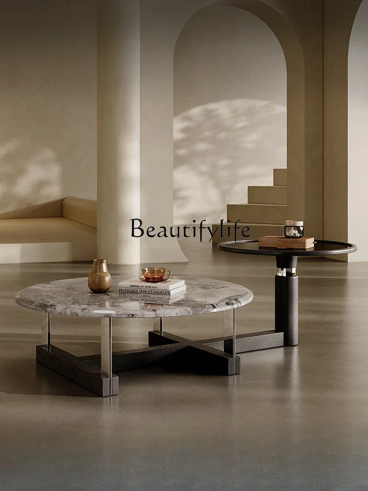 

S Marble Tea Table Combination round Solid Wood Tea Table Italian Minimalist Stainless Steel Designer Tea Table