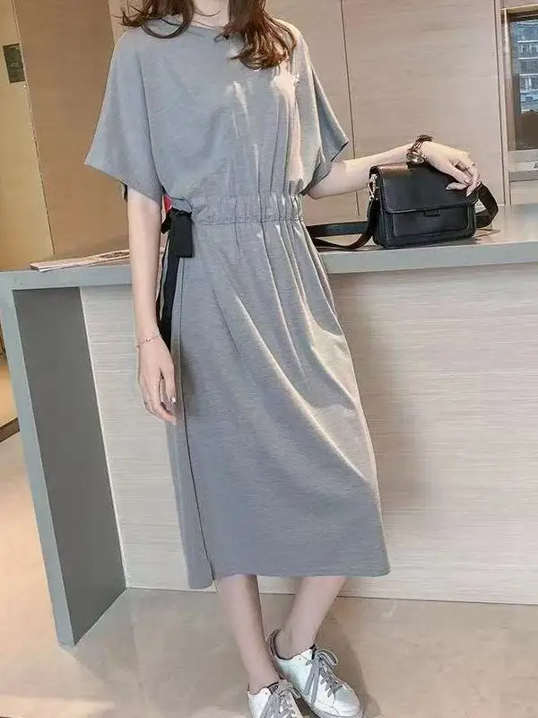 

plus Size Women's Korean Style T-Shirt Dress Long Skirt Belted Slimming Over-Knee Dress Handbag Commute High Waist A-Line Skirt