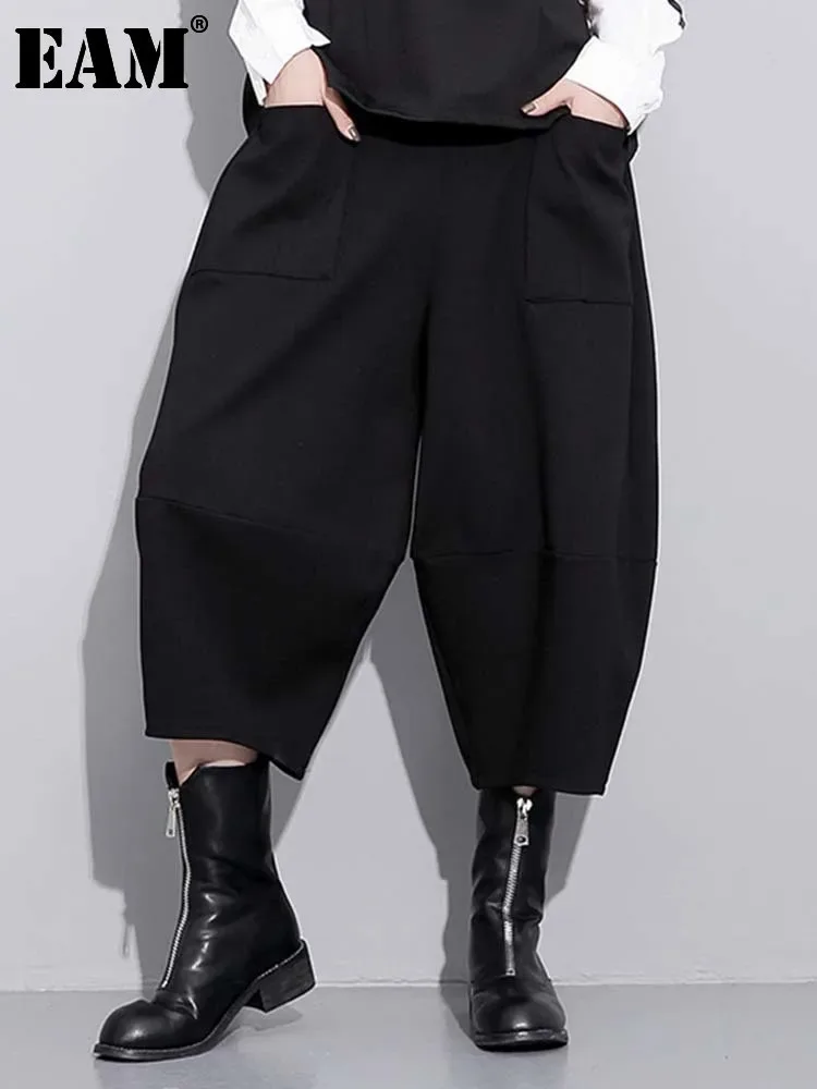 

[EAM] High Elastic Waist Black Brief Long Harem Trousers New Loose Fit Pants Women Fashion Tide Spring Autumn 2024 1DE9128