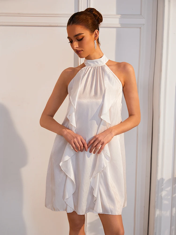 Women's White Satin Halter Nightgown Sleeveless Ruffled Loose Short Morning Gown Herringbone Textured Elegant Home Clothes Dress