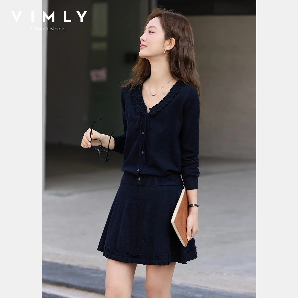 

VIMLY Women's Knit Skirt Sets 2026 Spring New Elegant Ruffle Trim Tie Neck Cardigan Skirt Casual Daily Two-Piece Outfits 75317