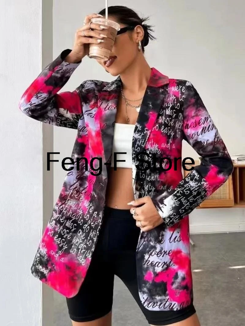 Vintage Letter Irregular Printing Blazer Women Jacket High Street Fashion Elegant Lady Coat American Stylish