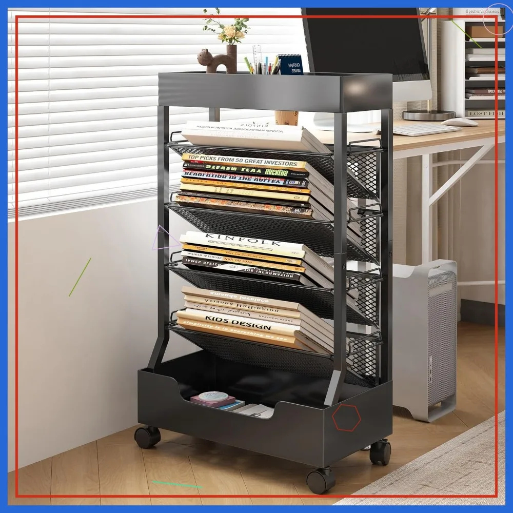 

Современный передвижной книжный стеллаж с металлической верхней частью и основанием, съемными полками для дома, кабинета, офиса, класса, черный