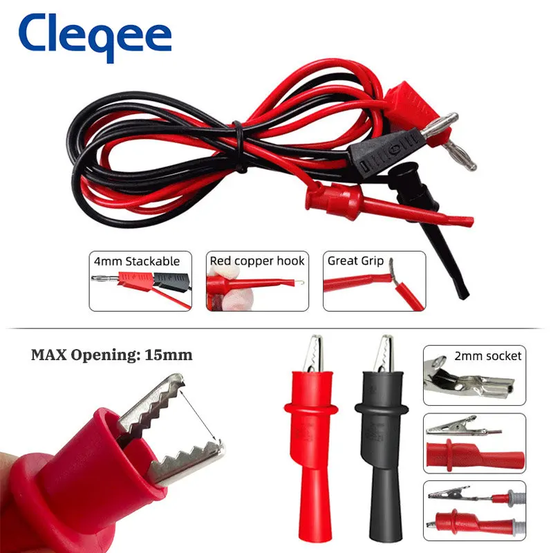 Cleqee P1308C Kit de cables de prueba de multímetro con enchufe Banana, Cable de gancho de prueba, sonda de punción, aguja reemplazable, pinza de cocodrilo, 20 Uds.