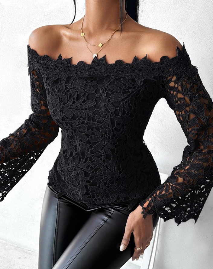 Sexy Blouse for Women 2024 Spring Slash Neck Long Sleeve Off Shoulder Crop Top Lace Hollow Out Slim Fit Blouse Slim Fit Pullover