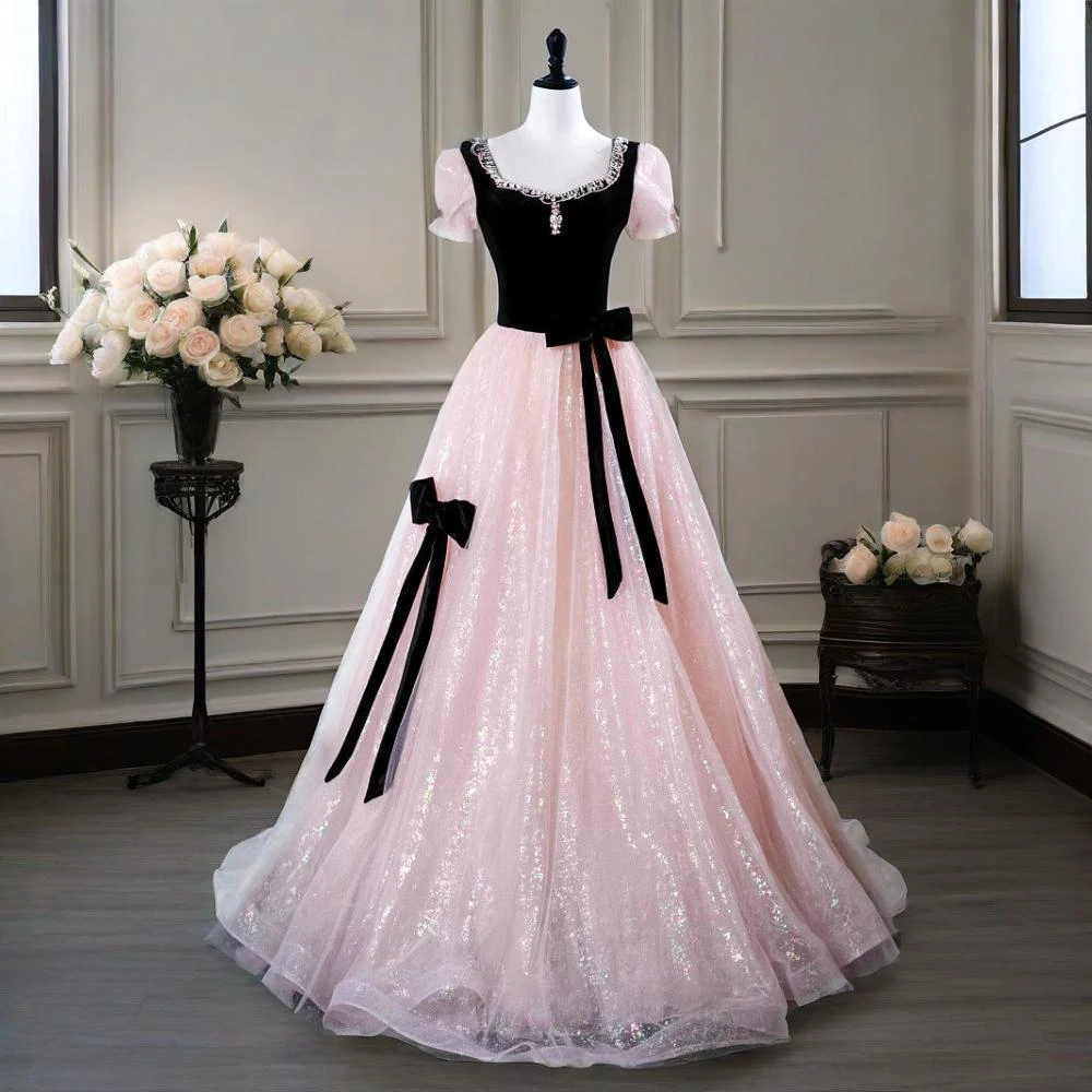 

Elegant Beading Square Collar Evening Dress Women's Contrast Color Short Sleeved Velvet Bows Knot Princess Gown Luxury Dresses