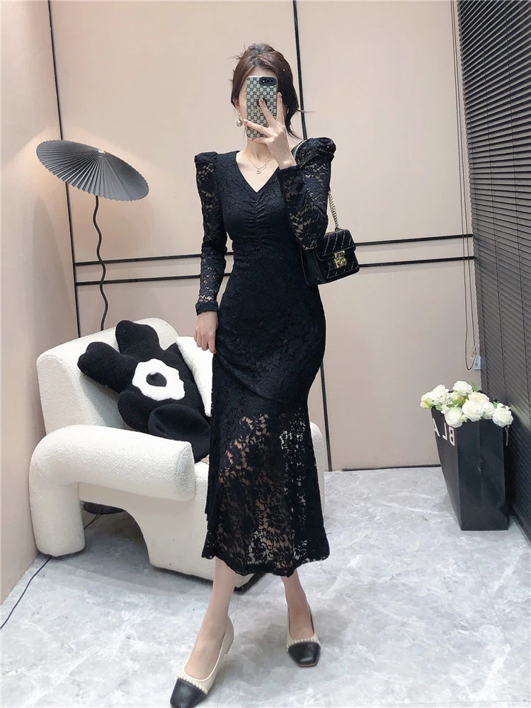 Chic Korea Long Mermaid Dress Party Girls Women Ruffled Bodycon Elegant Office Lady Basic Wear Feminine Vestidos