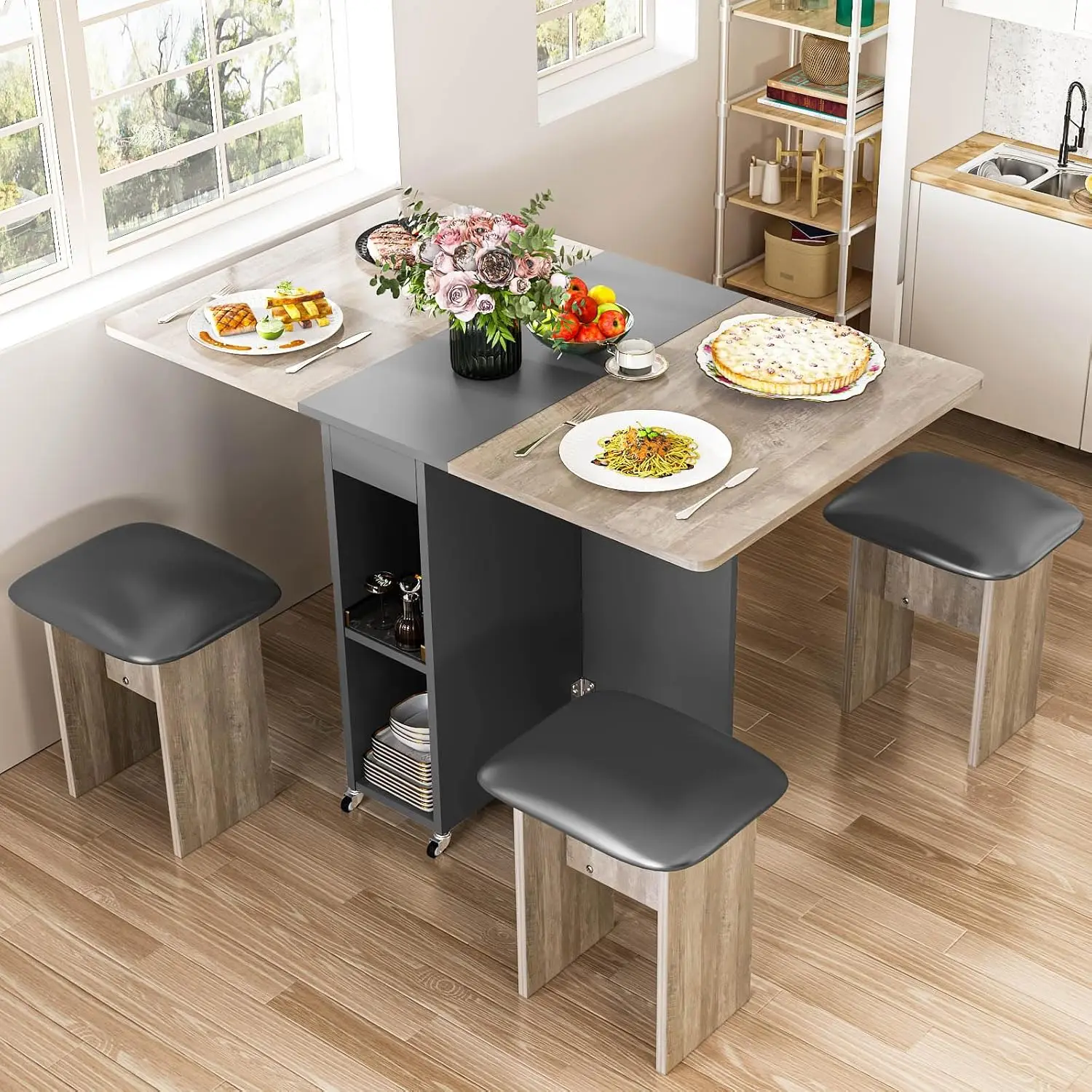 Folding Dining Table Set for 4, Dinner Table with 4 Leather Chairs and Shelves, Space Saving Foldable Dining Table with 6 Wheels image 2
