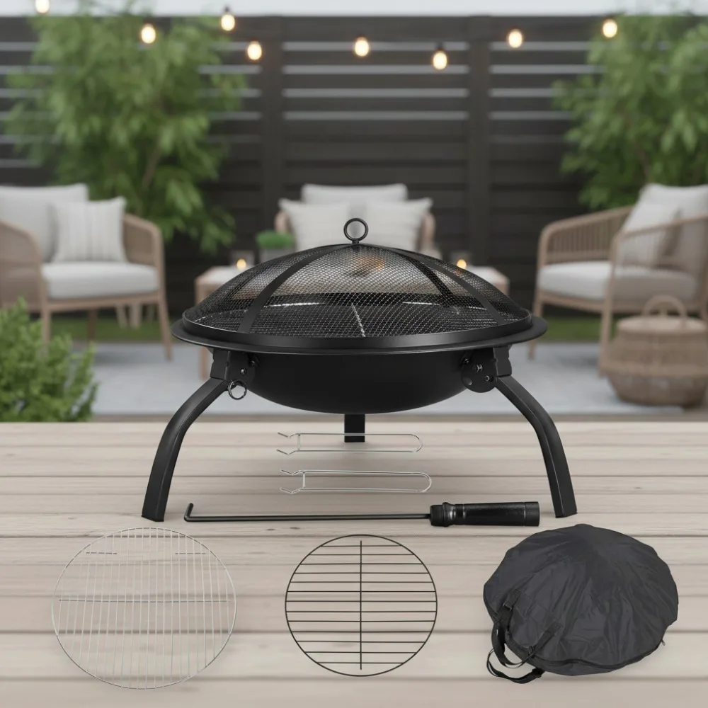 

21-дюймовая портативная складная стальная костра с грилем для барбекю, искровым экраном и сумкой для переноски для патио, заднего двора, кемпинга, использования на открытом воздухе