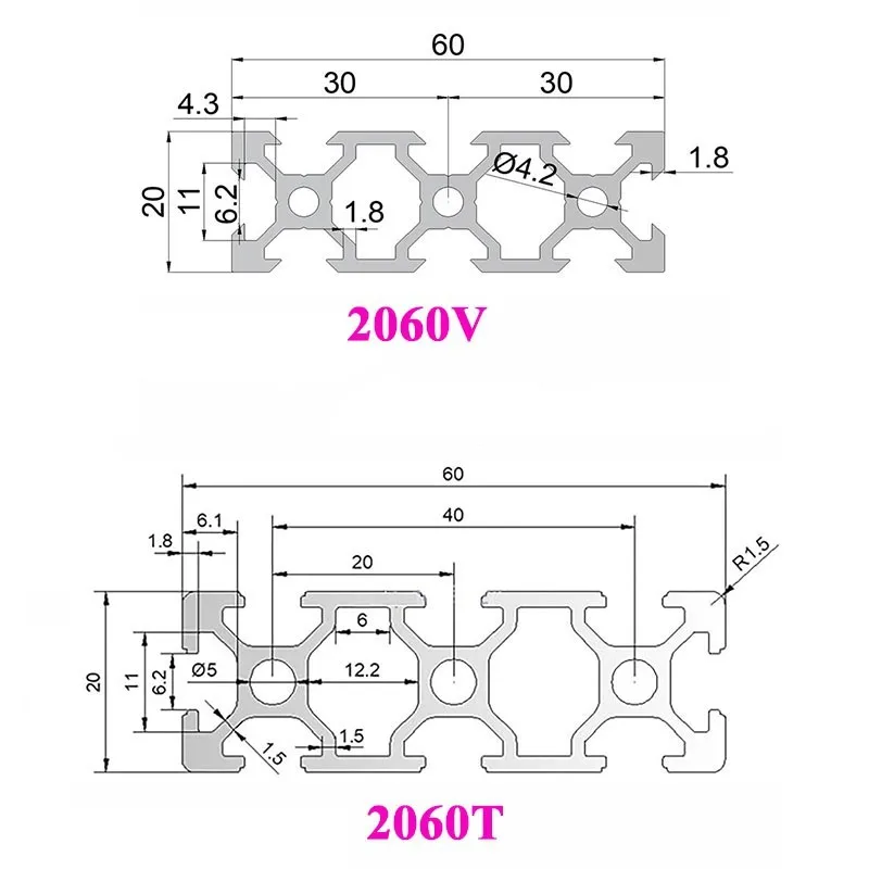Perfil de aluminio negro, ranura en V 2060, extrusión de 2060V, longitud estándar de la UE, riel lineal de 100-550mm para impresora 3D de marco CNC, 1 Uds.