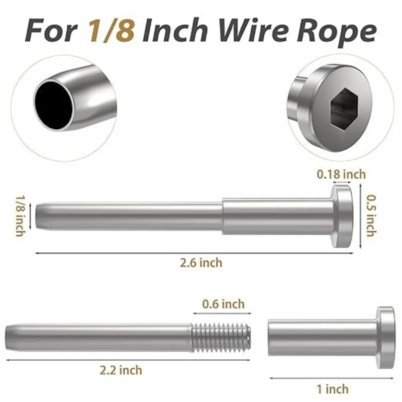 50 Pack Invisible Cable Railing Kit 316 Stainless Steel 1/8" Receiver and Swage Stud End for Cable Railing Swage Tensioner