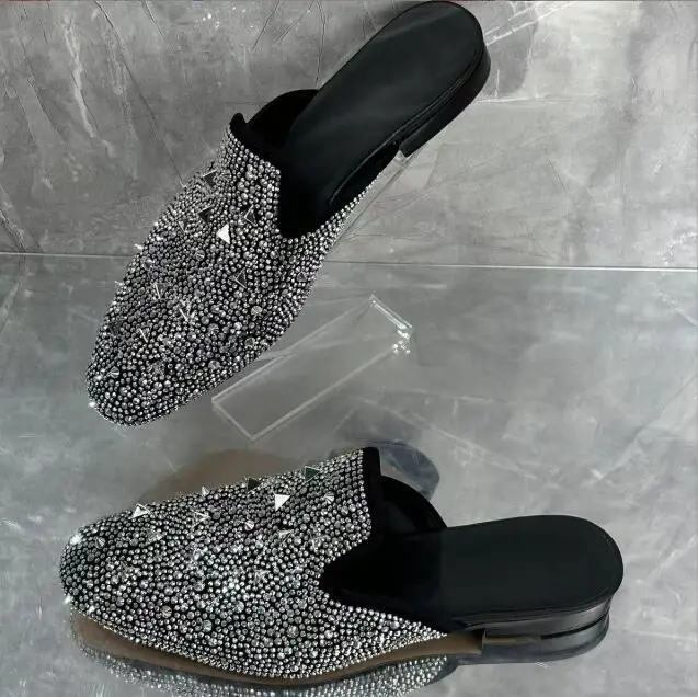 Glitter Triangle Metal Rivets Full Crystal Slipper Square Toe Flat Men Loafer Sandals Slip On Rhinestone Man Shoes