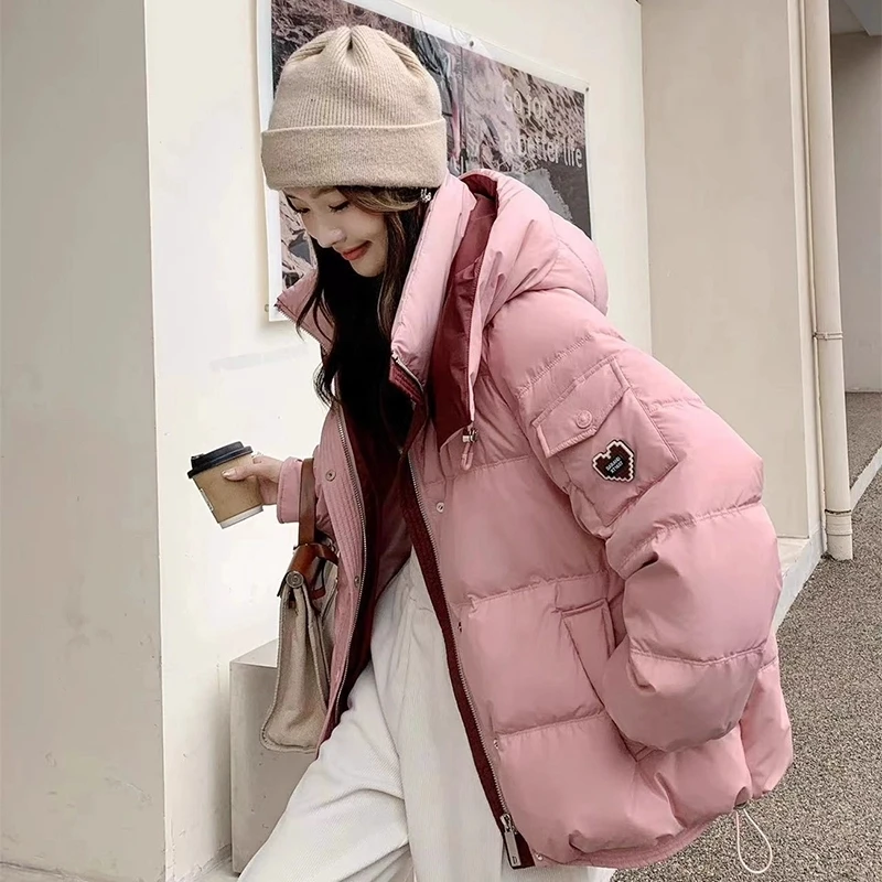 Korean Pink Contrasting Short Down Jacket for Women 2024 New Autumn Winter Jacket Hooded Thick White Duck Down Bread Jacket