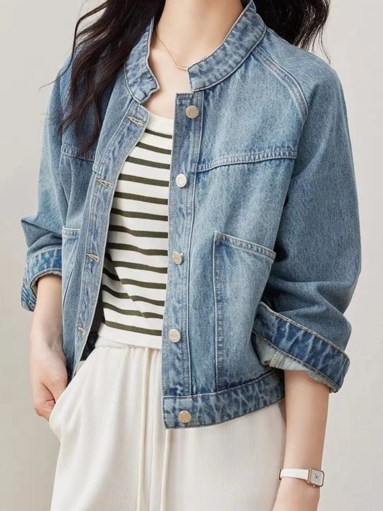 Vintage Washed Blue Denim Cropped Jacket for Petite Women Spring Fall Stand Collar Long Sleeve Jean Coat Casual Loose Outewear - view 2