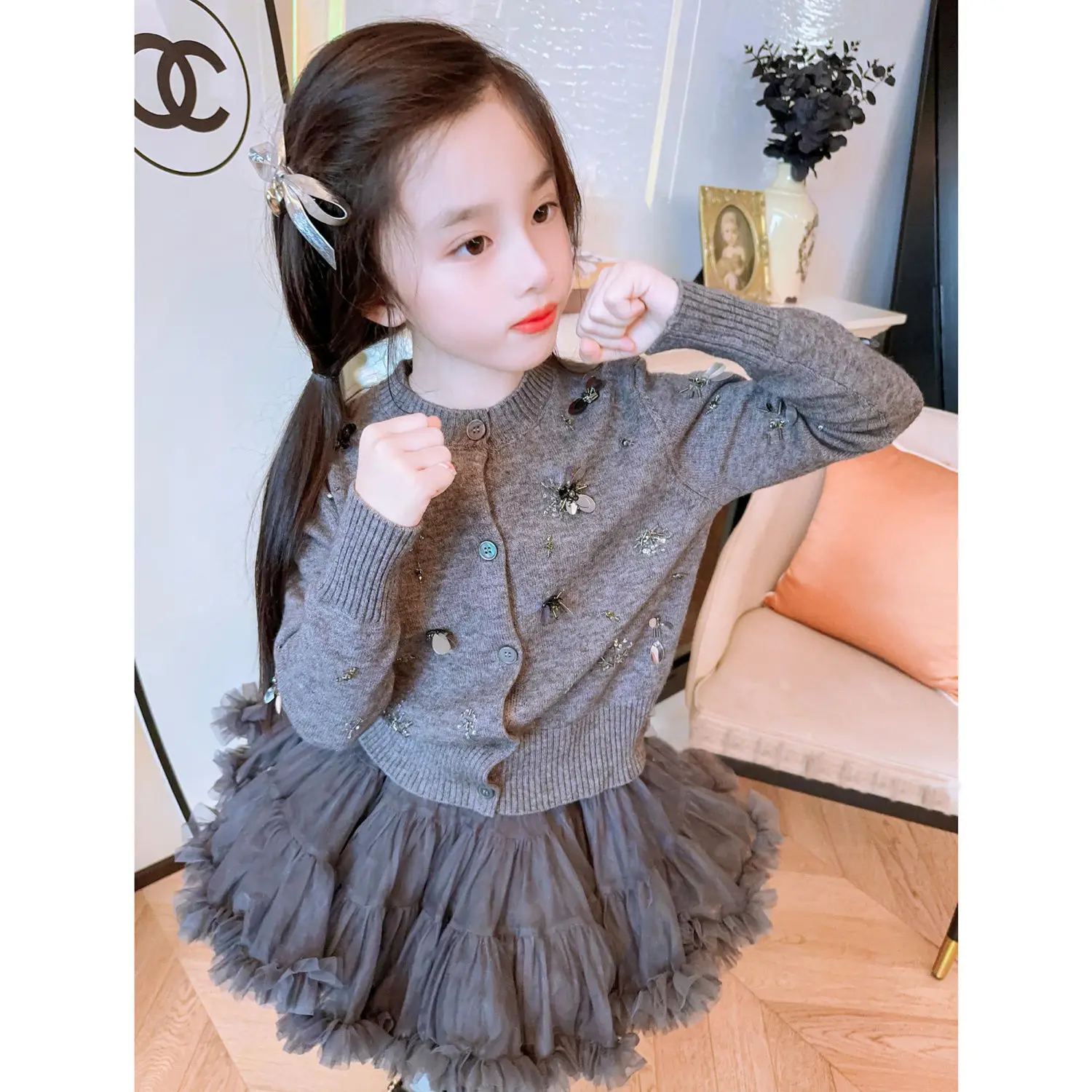 Children Elegance Clothing Winter Girls Clothes Set Fashion Cardigan knit Sweater Coat+Short Tutu Skirt 2Pcs Suits Kids suit