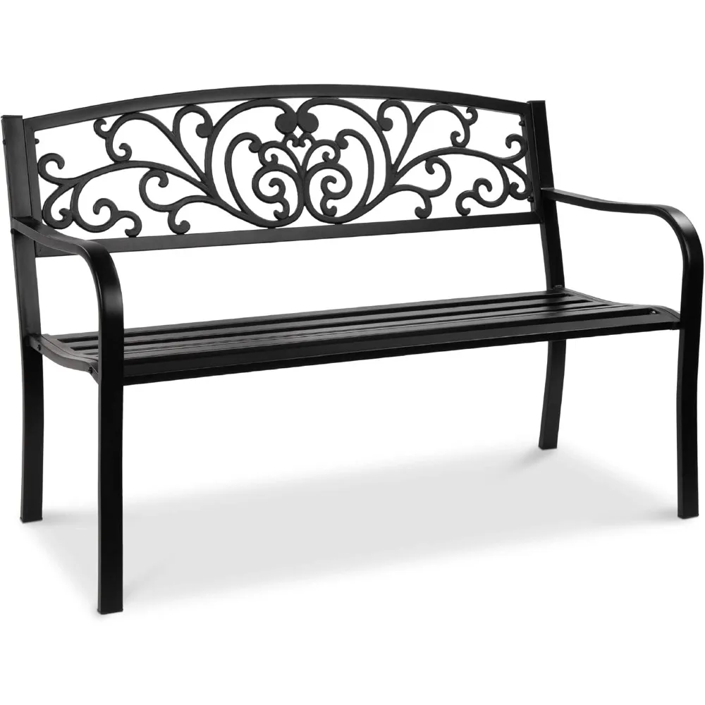 Best Choice Products Outdoor Bench Steel Garden Patio Porch Furniture for Lawn, Park, Deck w/Floral Design Backrest, Slatted Sea