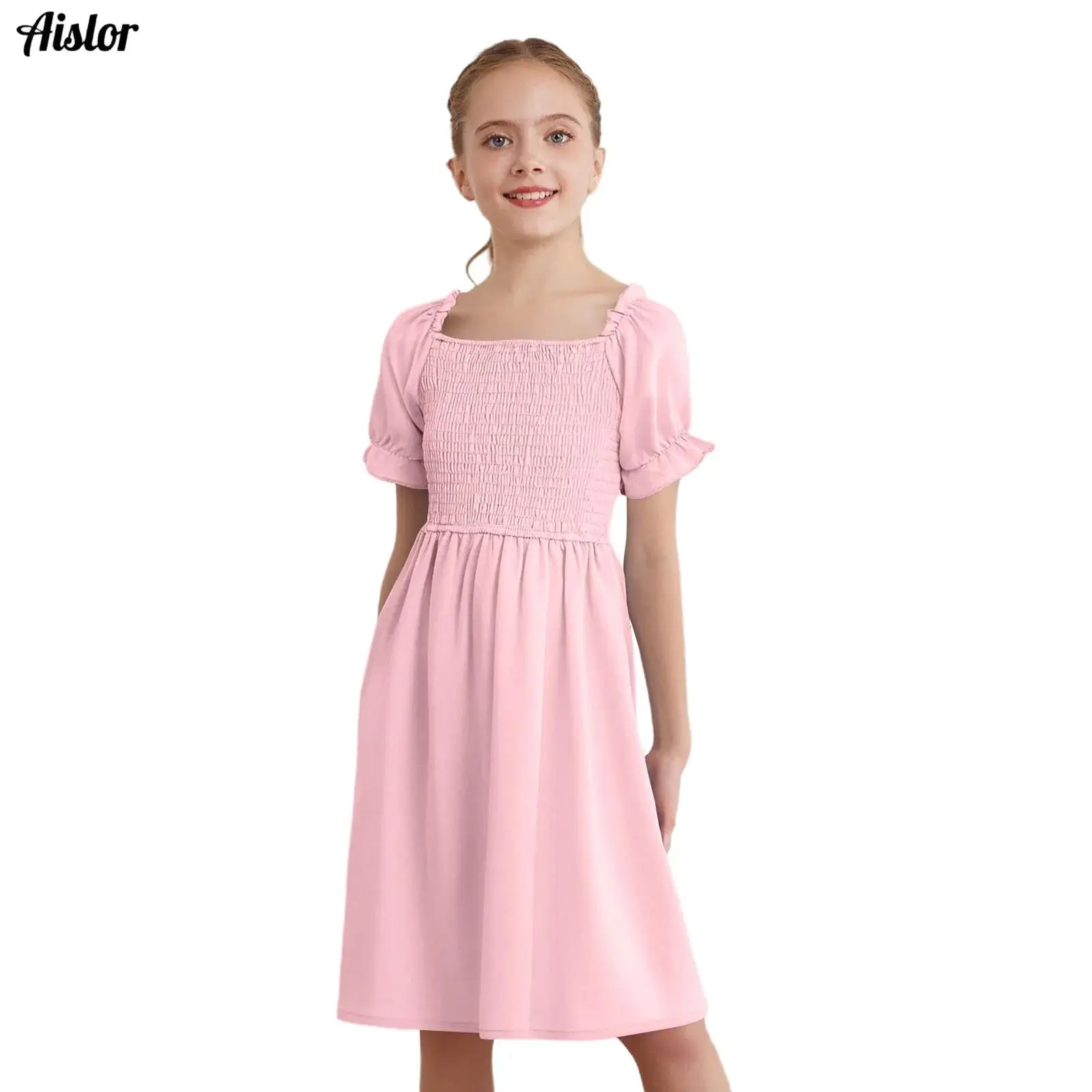 

Kids Girls Dress Summer Short Puff Sleeves Square Neck Ruffle Smocked Dress for Picnic Vacation Travel Beach Wedding Birthday