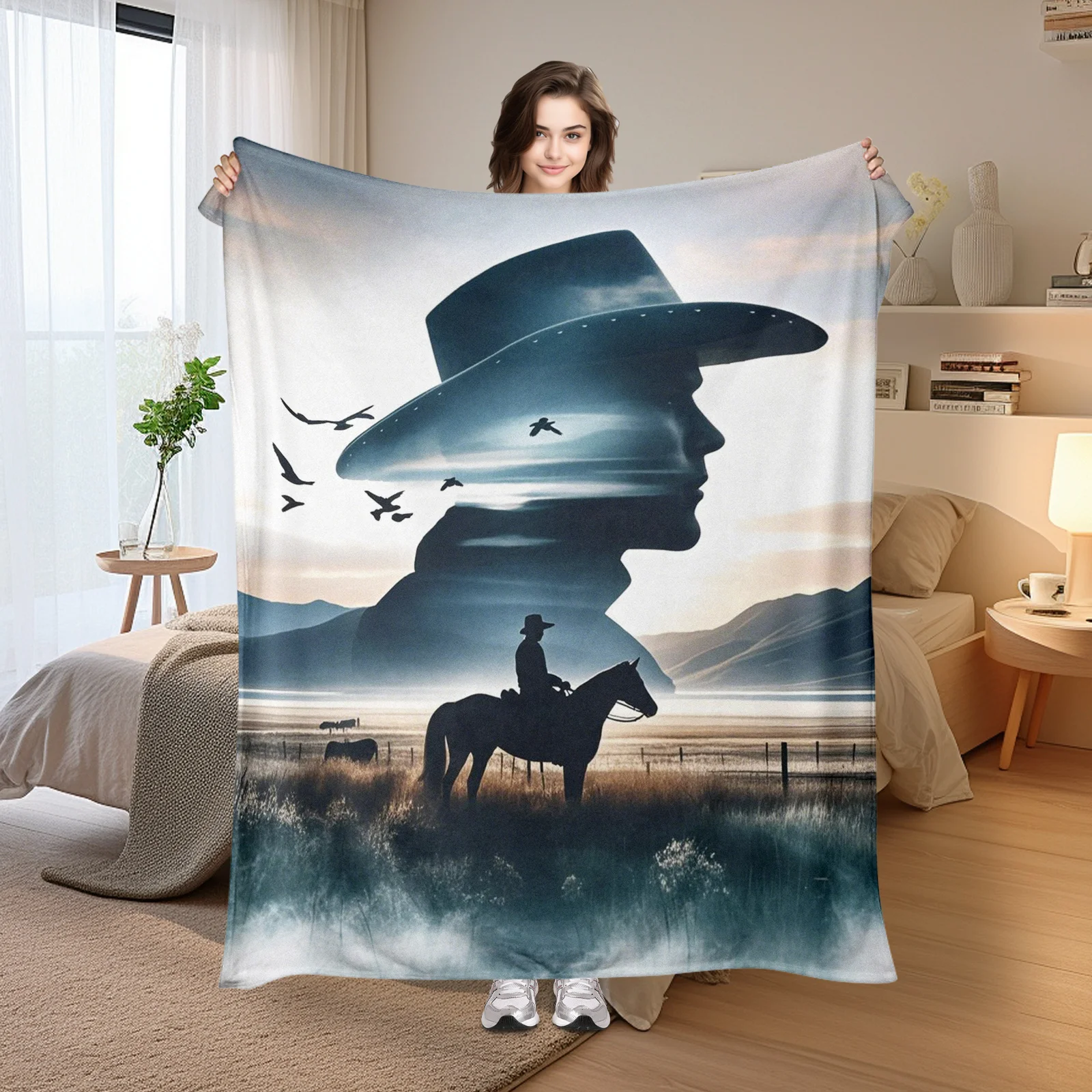 Manta temática Mister Silhouette montando a caballo en la montaña para un espacio de vida elegante y artístico o un acento del dormitorio
