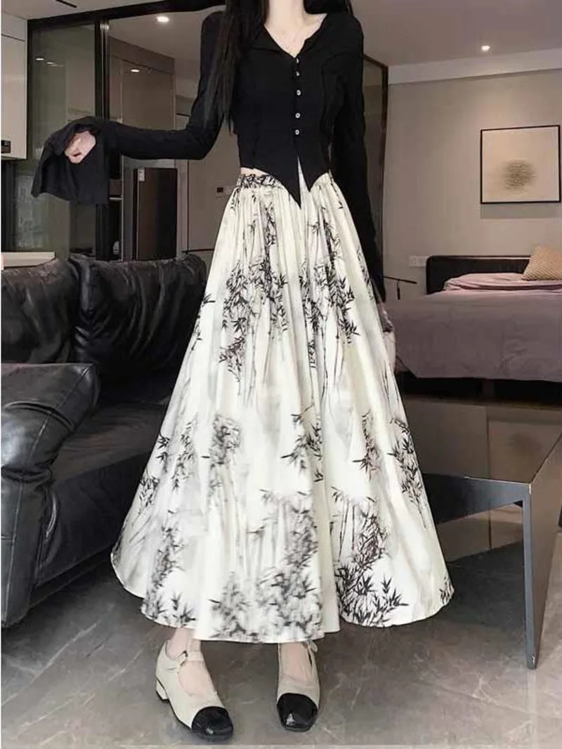 

Irregular printed half length skirt 2024 new women's spring and autumn season Chinese style high waisted slimming versatile EP62