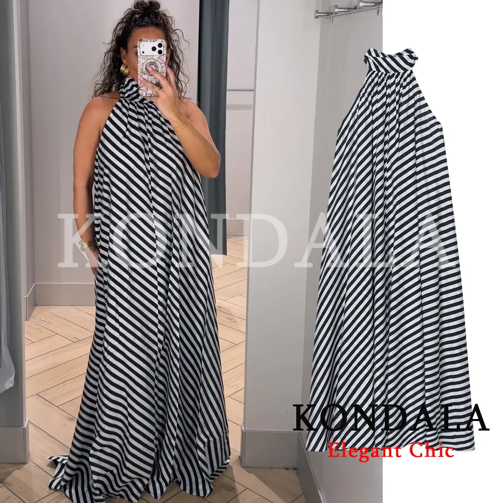 KONDALA Damen Trendiges Gestreiftes Langes Neckholder-Kleid mit Schnürung Ärmelloses Kleid Neue Mode 2026 Frühling Sommer Urlaub Strand Lockeres Kleid