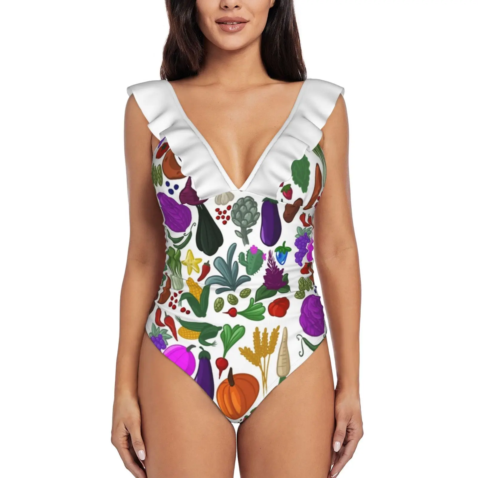 

Welcome To The Valley Women Ruffle One Piece Swimsuit Sexy Bodysuit Monokini Swimwear Bathing Suit Stardew Fruit Vegetable