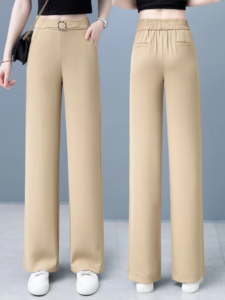 

Широкие брюки из ледяного шелка для женщин, летние, новые, с высокой талией, повседневные, тонкие, струящиеся, свободные, прямые, в корейском стиле