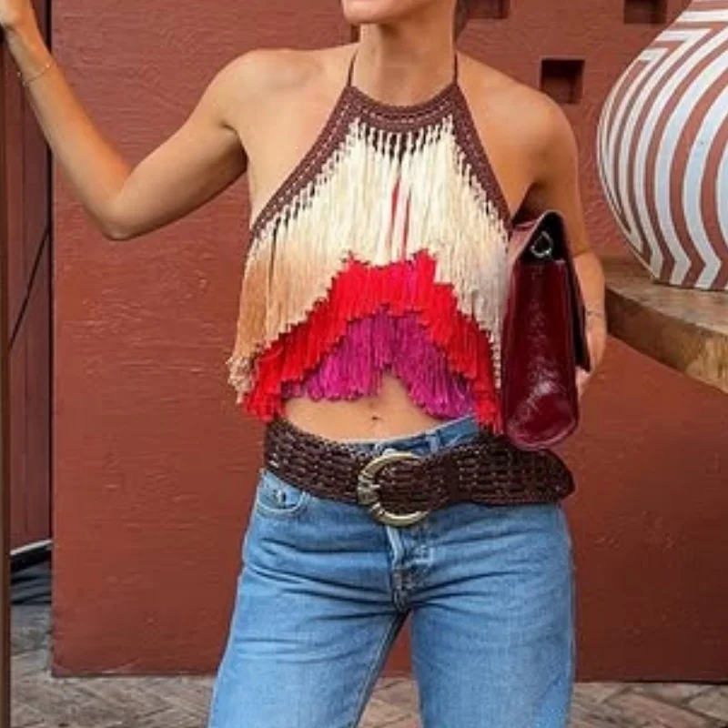 Women Fringe Halter Top Sleeveless Backless Tassel Tank Tops Y2k Sexy Asymmetrical Knit Party Camisole Vests