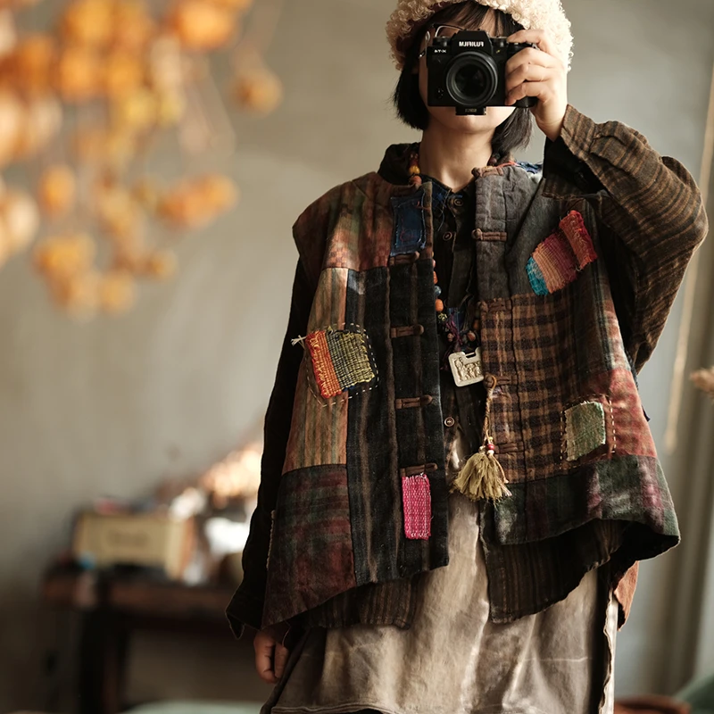 

Women Cotton Linen Casual Vest Coats New 2025 Autumn Vintage Style Patchwork Color Female Basics Sleeveless Jackets M2179