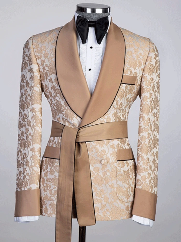 

Floral Double Breasted Men Suits Men's Wedding Tuxedo Slim Fit Luxury Jacket with Belt Formal Jacquard Suit Blazer