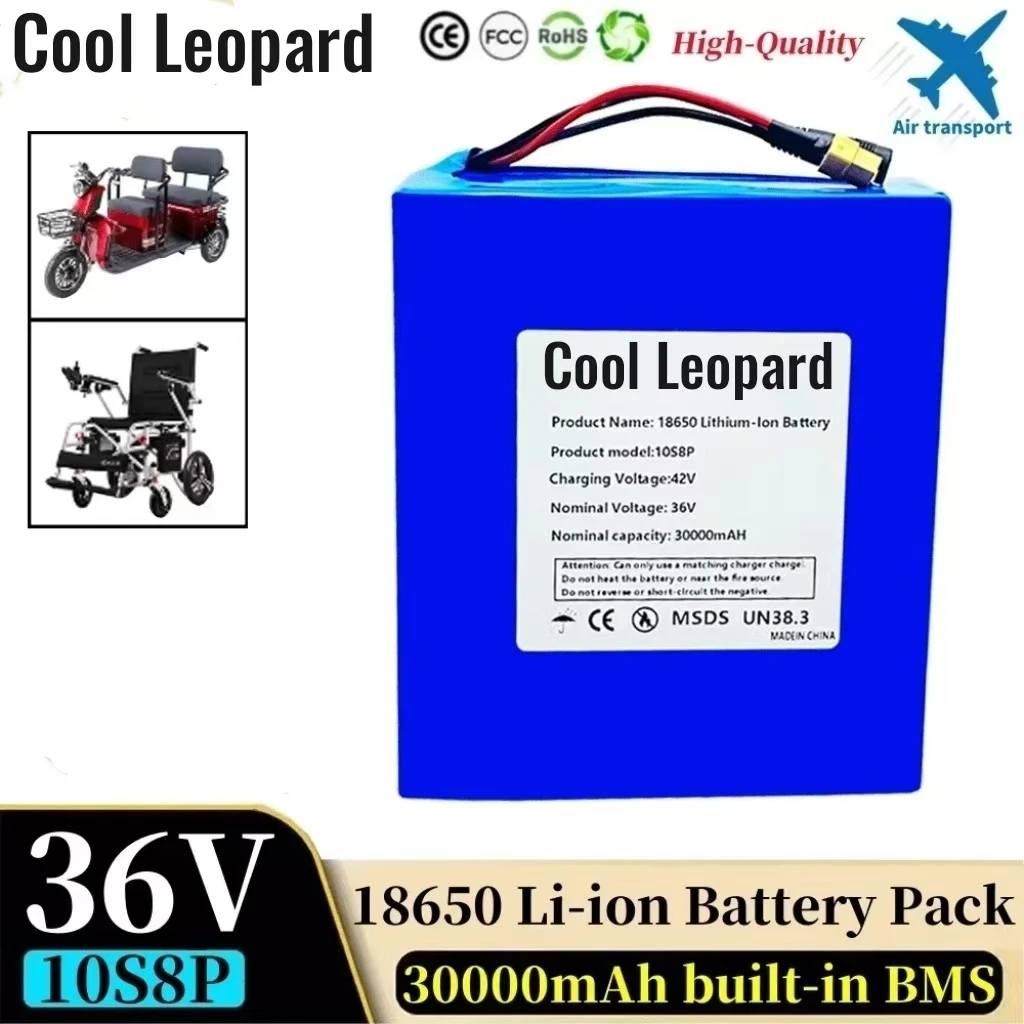 New 36V 30Ah 18650 10S8P A-class lithium battery pack, 1500W high-power built-in BMS, suitable for various energy storage backup