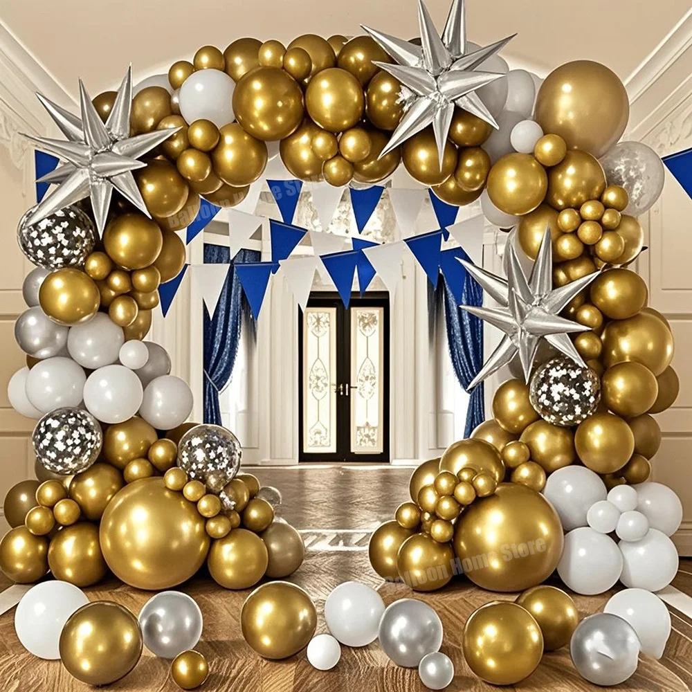 151pcs Gold Silver White Balloon Garland Arch Kit for Birthday  Anniversary Graduation Ceremony Adult Cocktail Party Decoration