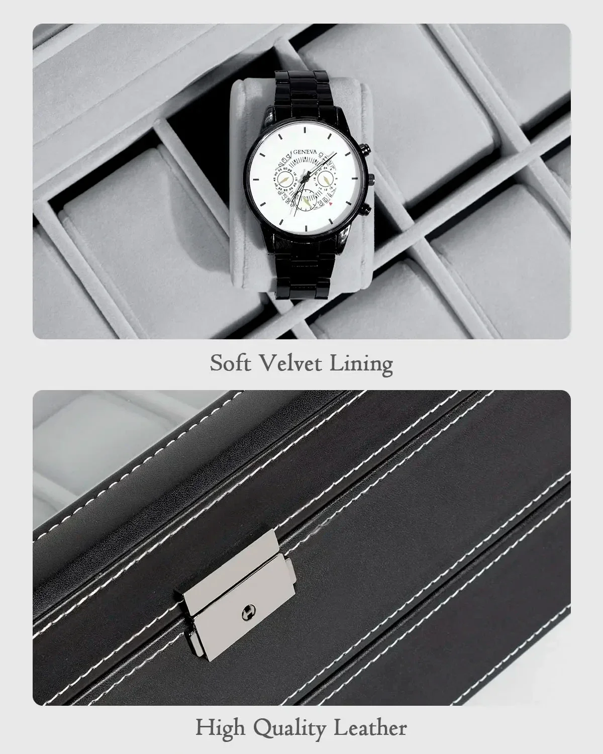 12Slot Kotak Jam Tangan Kulit PU Organizer Tampilan Jam Tangan & 6 Kotak Organizer Kacamata Kotak Perhiasan Laci Kaca Ulang Tahun untuk Pria Wanita