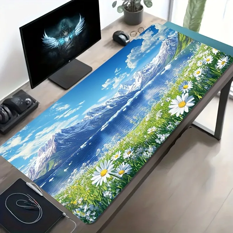 Anime Landscape Scenery Style Snow Mountain Lake Daisy Meadow Blue Sky Print Large Anti Slip Extended Gaming Mouse Pad