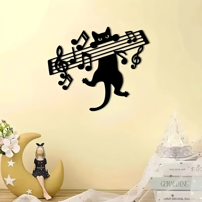 CIFBUY Musical Cat Silhouette Wall Art, 2D Aluminum Wall Hanging Ornament, Hollow Cat with Music Score Metal Sign Wall Decor