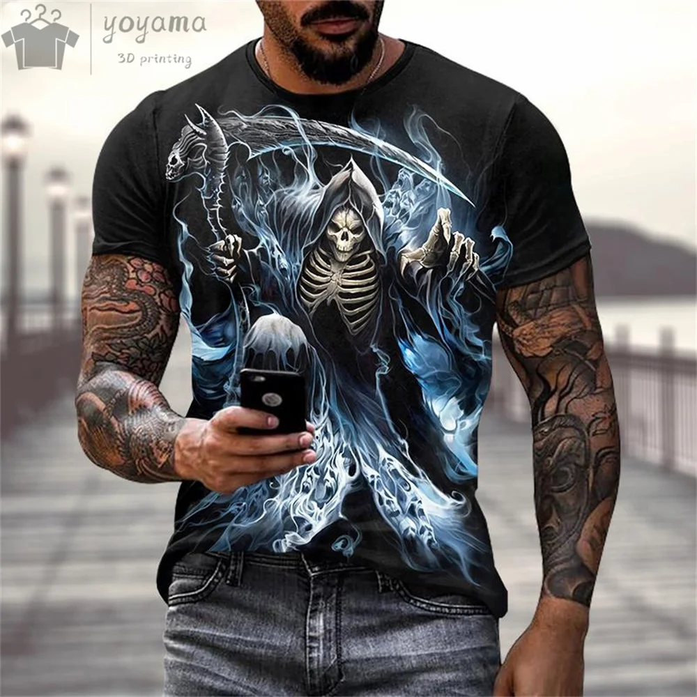 Men\'s Hip Hop Skull Print T-Shirt 3D Fashion Short-Sleeved Tee O-Neck Oversized T-Shirt Horror Skull Print T-Shirts for Men Tops