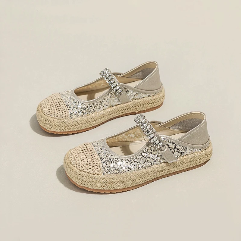 Luxury Rhinestone Belt Espadrille Ballet Flat Woman Brand Design Thick Sole Fishman Shoes Ladies Bling Crystal Mary Jane Zapatos