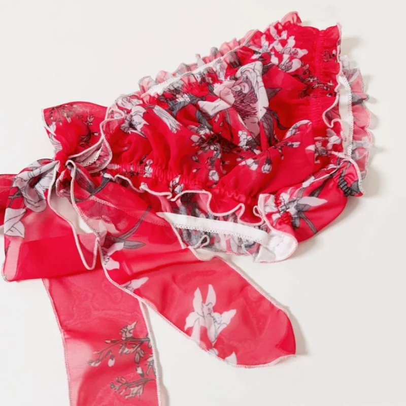 

Semi-Transparent Couple Lace Up Bow Sexy Chiffon Underwear Ruffled Floral Breathable Silky Smooth Briefs Sissy Party Panties