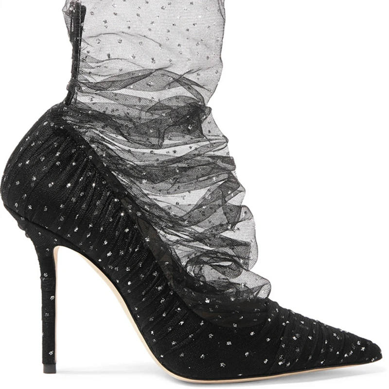 Sexy Ruffled Mesh Lace Covered Translucent Ankle Boots Pointed Toe Woman Dim Lace Summer Boots Thin High Heels Pumps
