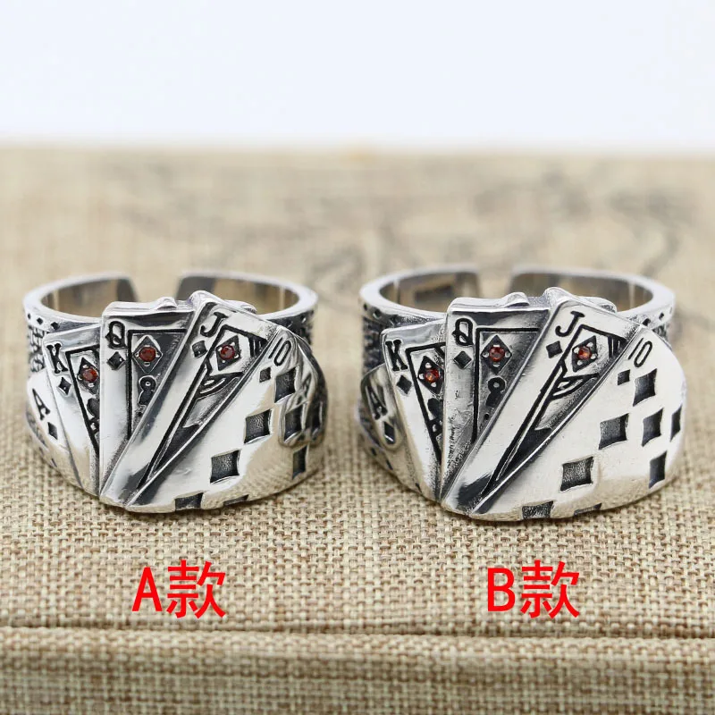 Creative Jewelry Playing Card s925 Sterling Silver Flush Ring for Men and Women Hip Hop Thai Silver Personalized Index Finger Op