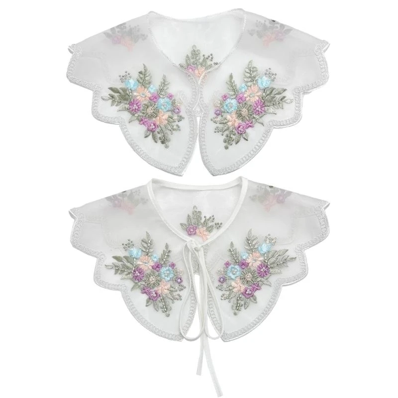 

652F Stylish Women Organza Detachable False Collar with Colorful Embroidery Flower and Beading for Collarless Shirt and Dress