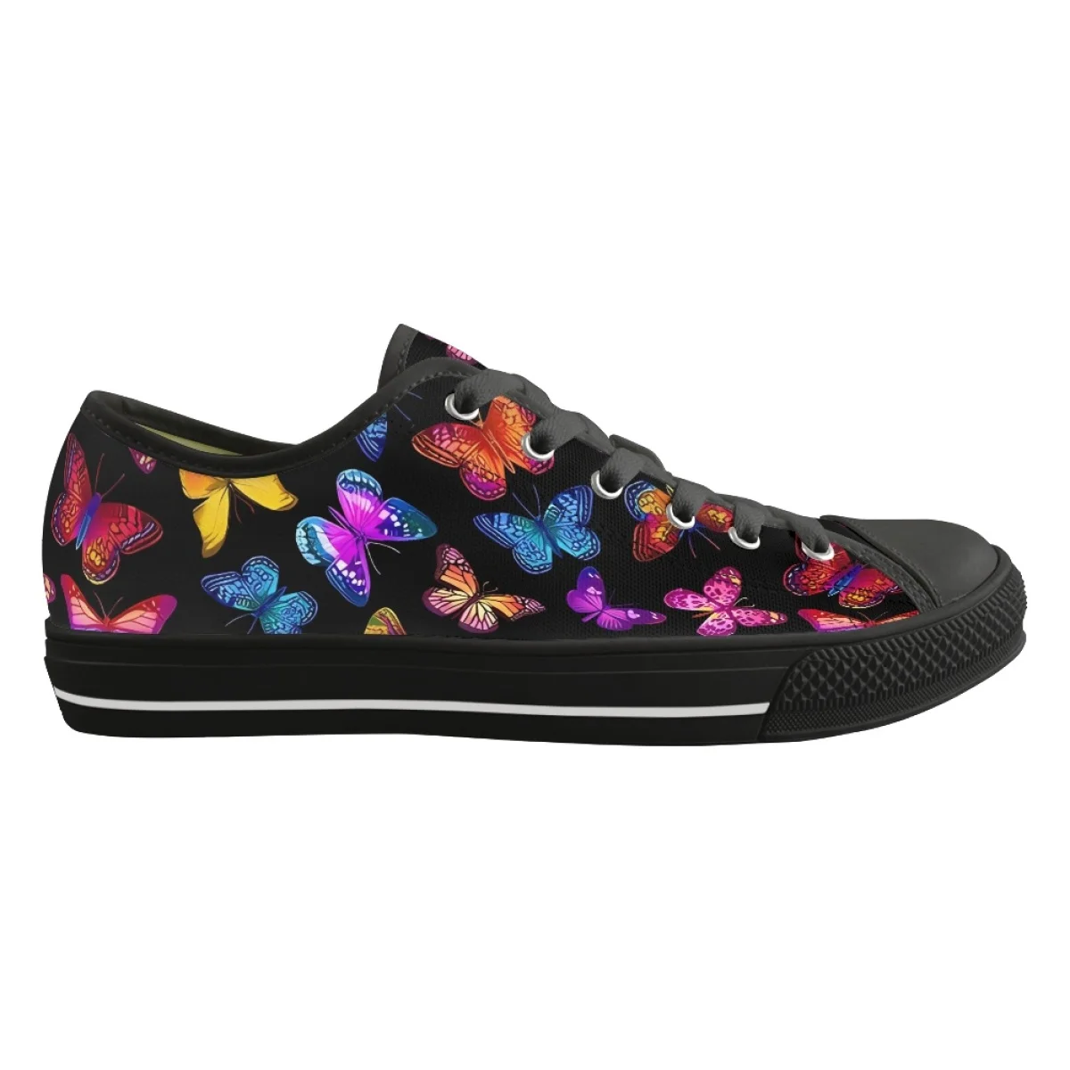 Zapatos de lona vulcanizados con punta redonda Para mujer, calzado plano con diseño de mariposa colorida, color negro, resistente al desgaste