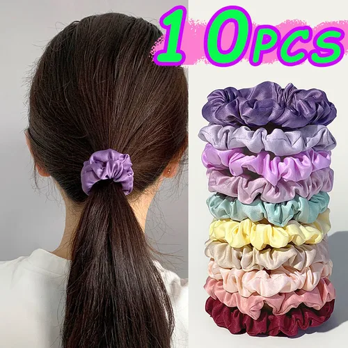 Imagen 1 del producto 10 unids/pack de gomas para el cabello de satén liso, bandas elásticas para el cabello para mujer, lazos para el cabello de Color sólido, bandas de goma con puntos, accesorios para el cabello