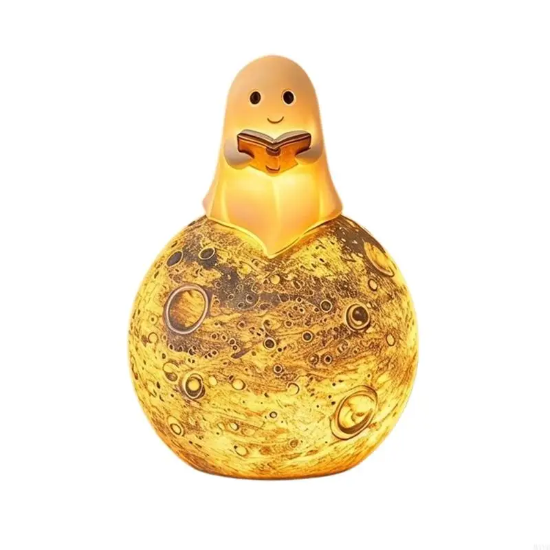 Reading Figure Night Light Resin Moon Decor Light With Warm Light, Small Bedside Accent for Halloween Bedroom Desk and M4YD