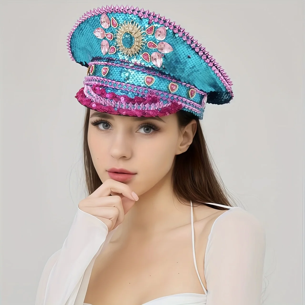 

Steampunk Captain Hat Rhinestone for Burning Man Festival Woman, Vintage Military Accessories & Cap for Man