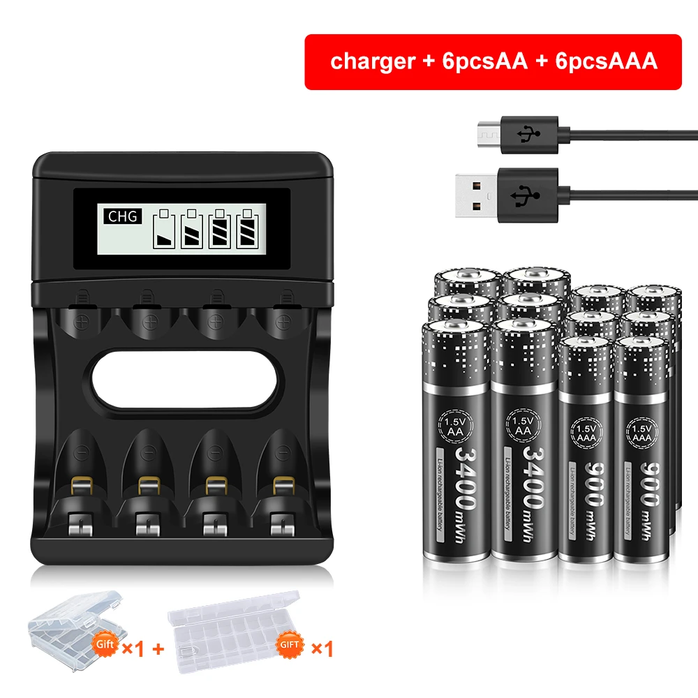 

1.5v AA 3400mWh Rechargeable battery with 1.5V AAA Rechargeable Battery+LCD Smart Charger for 1.5v Lithium Rechargeable Battery