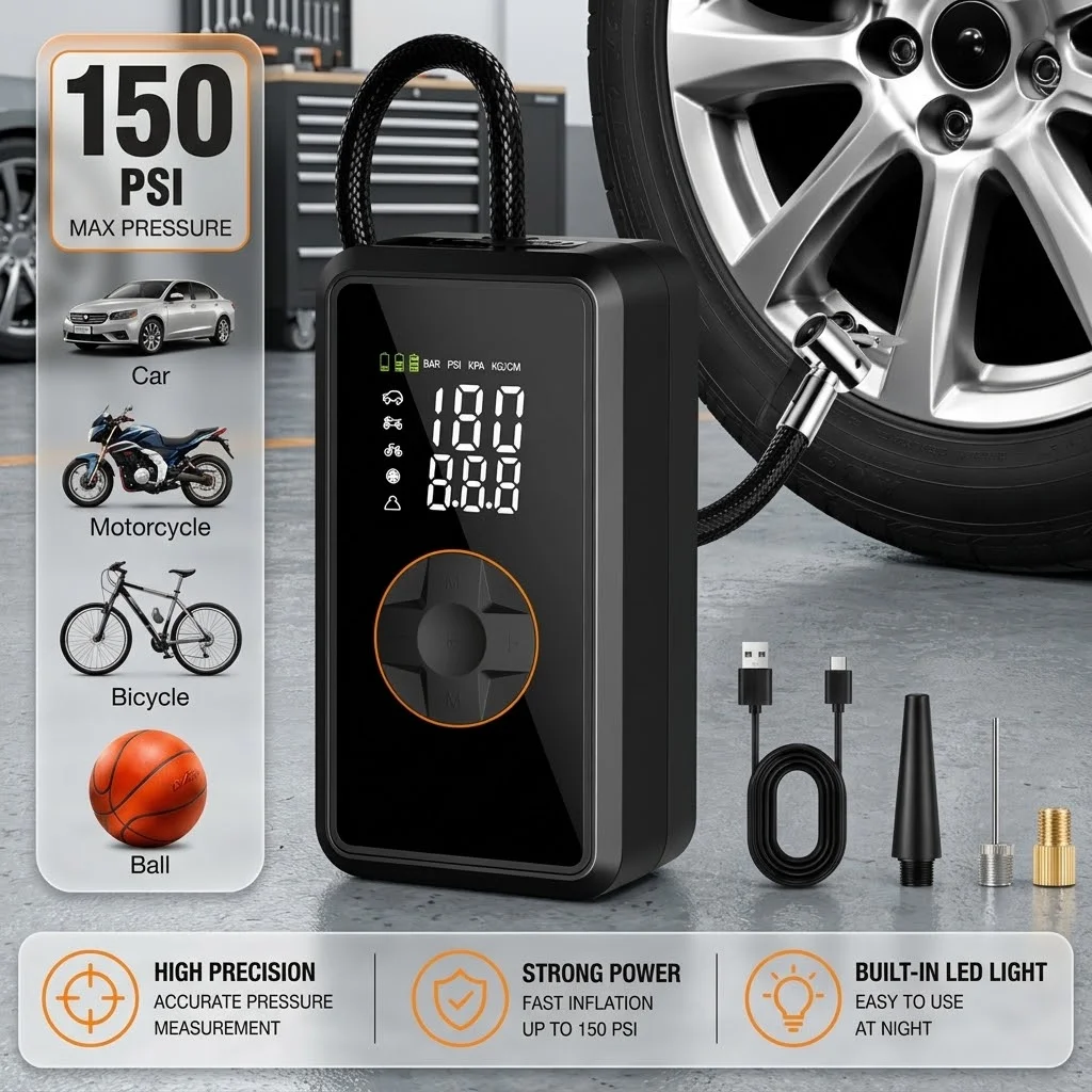 LEIBOO 150PSI Cordless Motorcycle Tire Inflator Portable Air Compressor Electric Motorbike Pump Digital Gauge for Bicycle Car