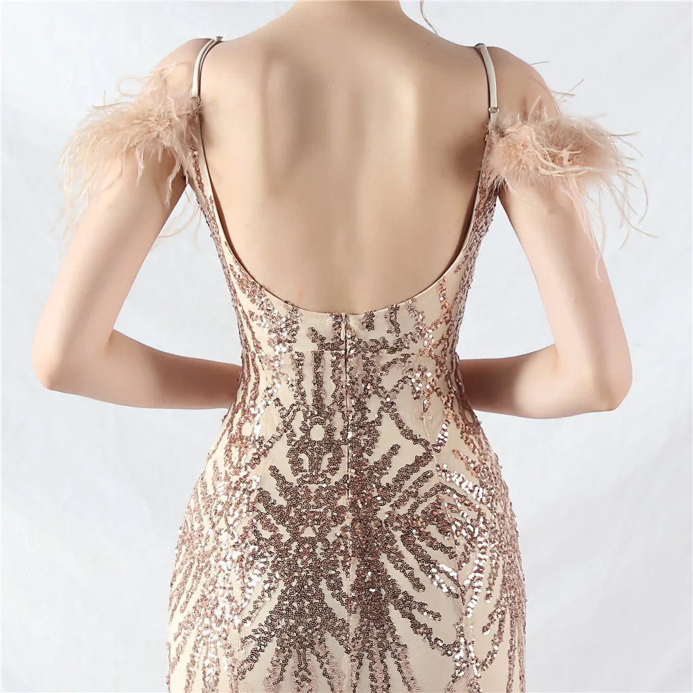 DEERVEADO Luxury Evening Dress with Feathers for Woman Elegant Mermaid Sequined Formal Occasion Dress Prom Party Maxi Dresses