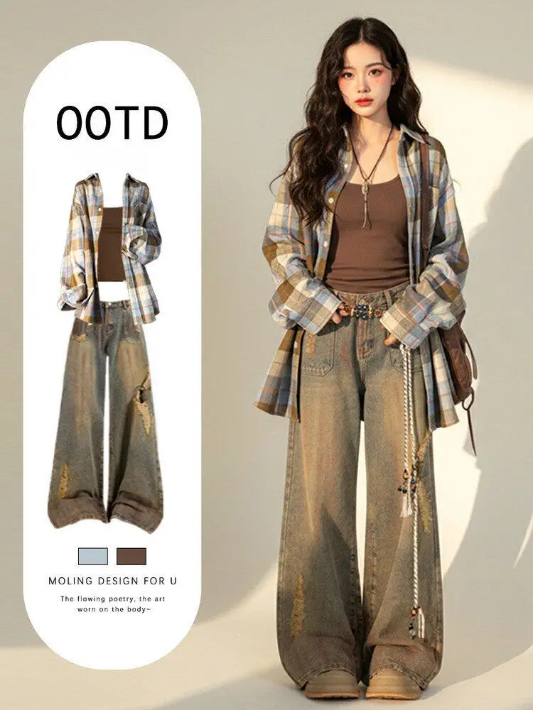 

Ретро-комплект из денима для женщин на весну-лето: джинсы с высокой талией и широкими штанинами, костюм-тройка в повседневном стиле, рубашка на пуговицах с контрастными элементами