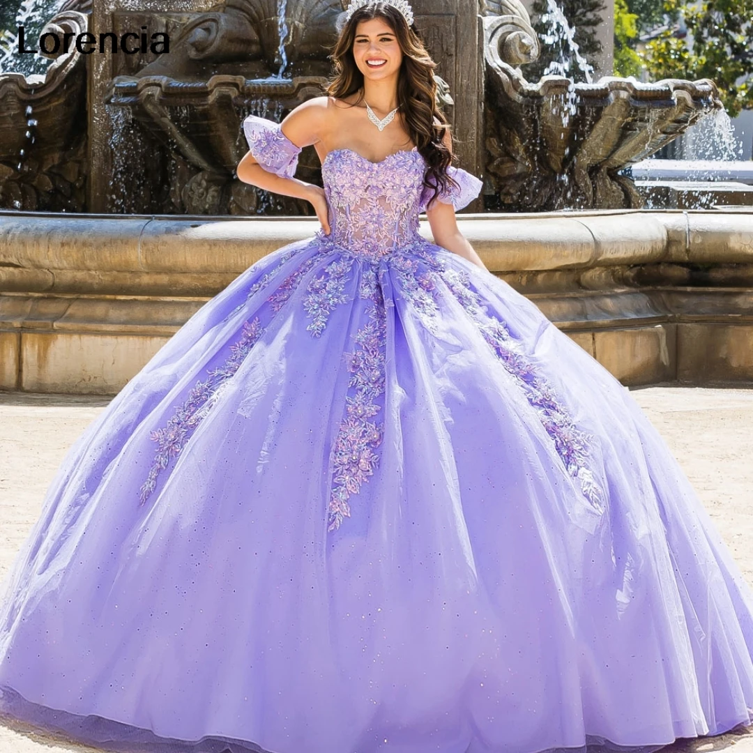 

Lorencia Mexican Lavender Quinceanera Dress Ball Gown Lace Applique Beaded Detachable Sleeve Sweet 16 Vestidos De 15 Años YQD840