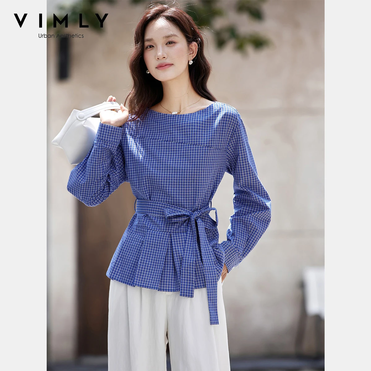 

VIMLY Women's Blue Plaid Blouses 2025 Casual Slash Neck Woman Autumn 2025 New Split Long Sleeve Tops Elegant Loose Shirts A3035